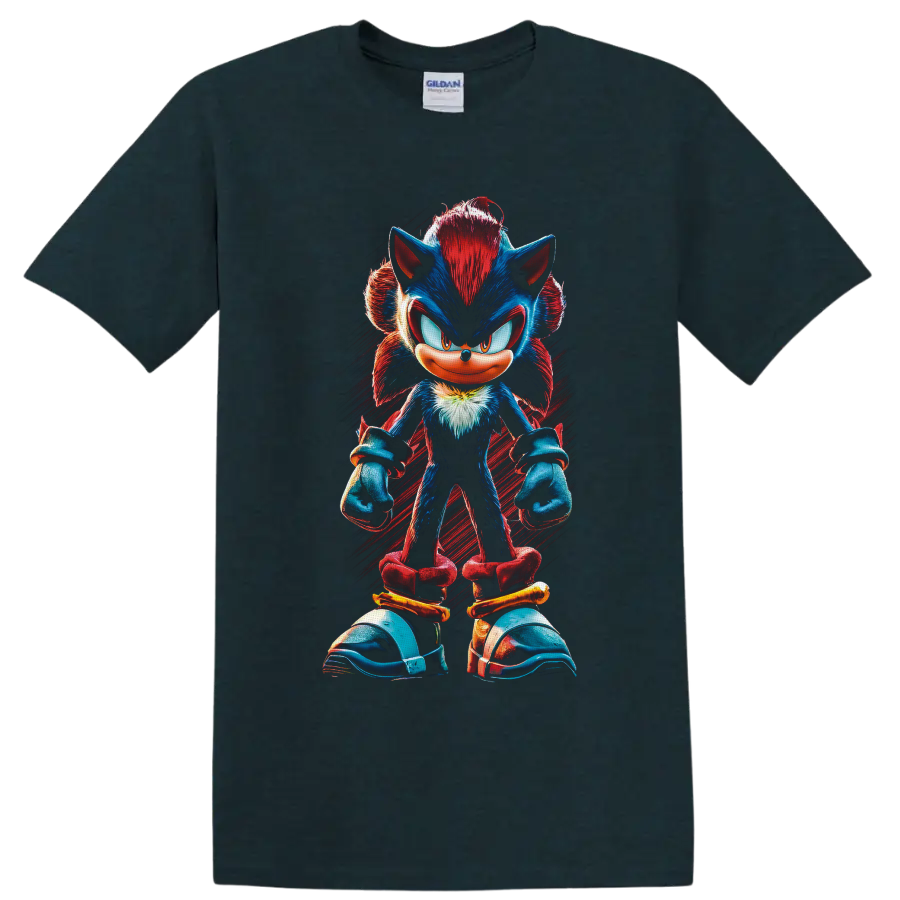 Shadow the Hedgehog full-body red and blue character art with red brushstroke background on a Midnight (Green) T Shirt