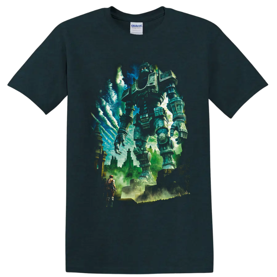 Towering Colossus guardian above a lone adventurer in painterly fantasy ruins on a Midnight (Green) T Shirt