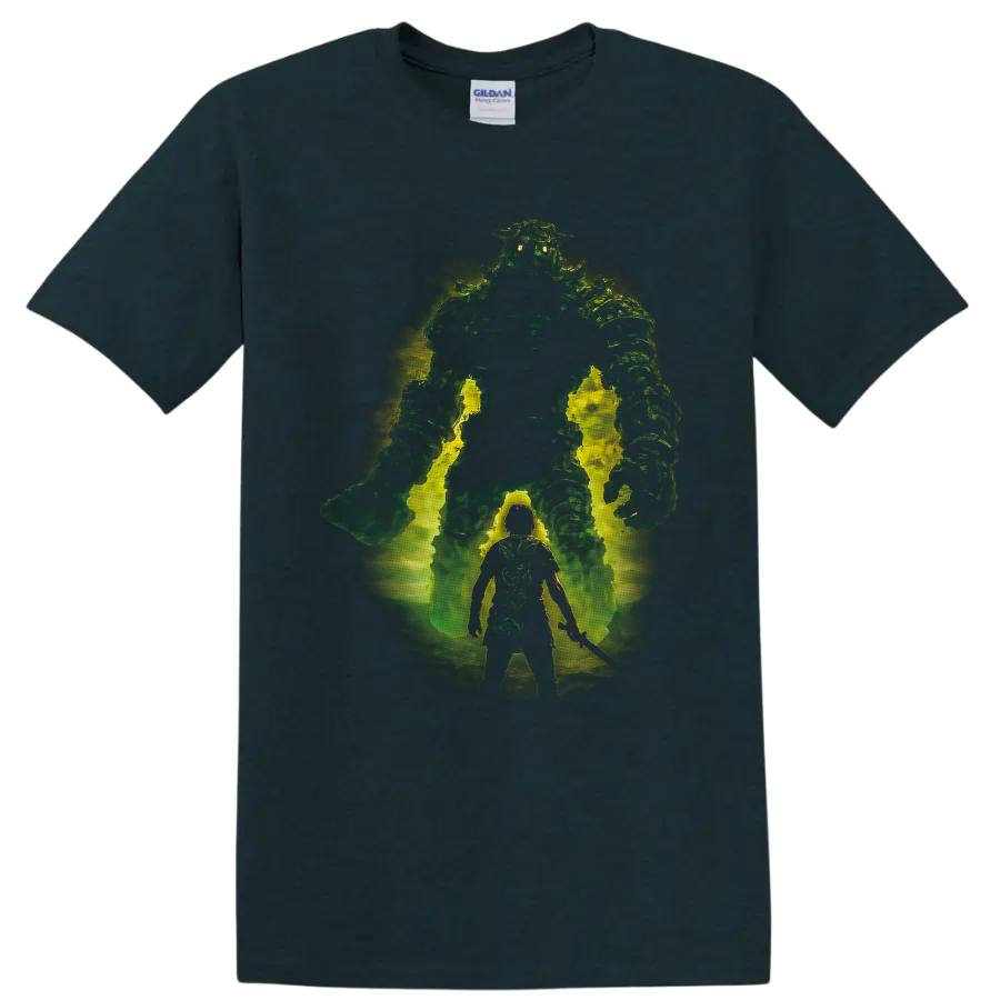 Shadow of the Colossus warrior facing a glowing green Colossus in distressed fantasy art on a Midnight (Green) T Shirt
