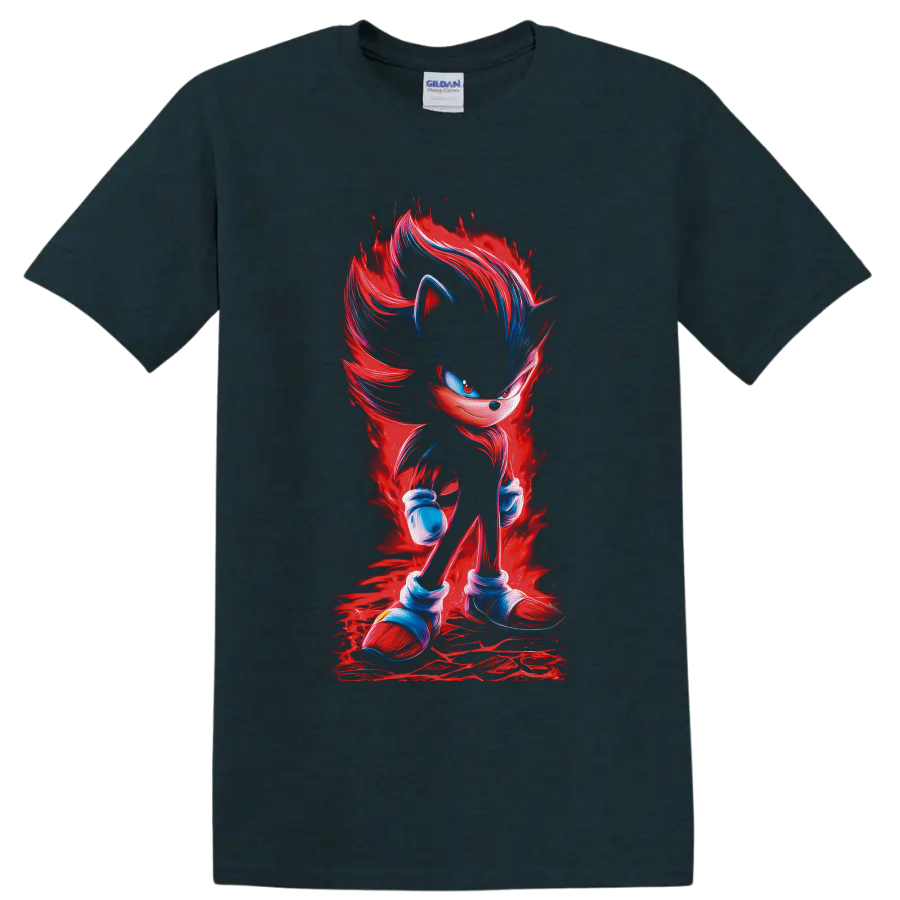 Shadow the Hedgehog with red energy aura and blue painterly highlights on a Midnight (Green) T Shirt