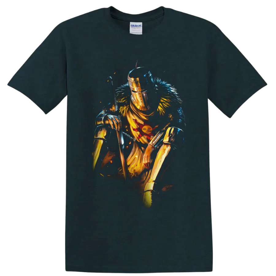 Solaire of Astora in gold armor with sword and sun emblem, painterly fantasy art on a Midnight (Green) T Shirt