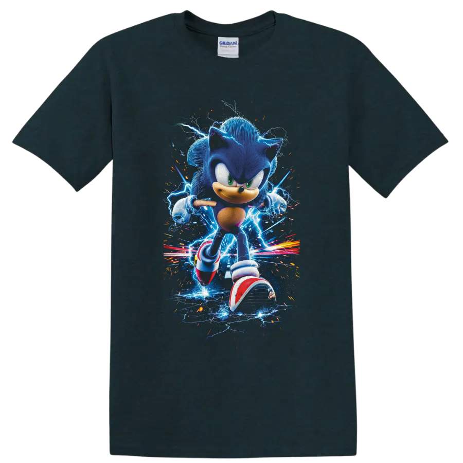 Sonic the Hedgehog running through electric blue lightning and colorful speed trails on a Midnight (Green) T Shirt