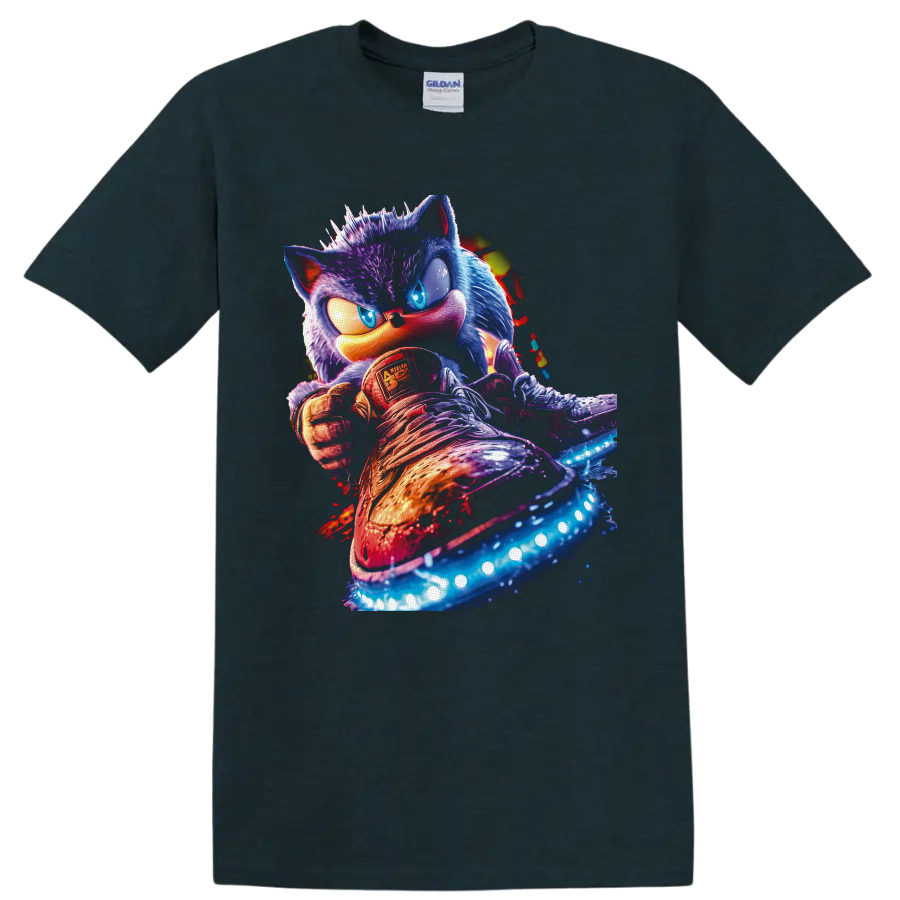 Sonic the Hedgehog neon action portrait with glowing sneakers and splatter effects on a Midnight (Green) T Shirt