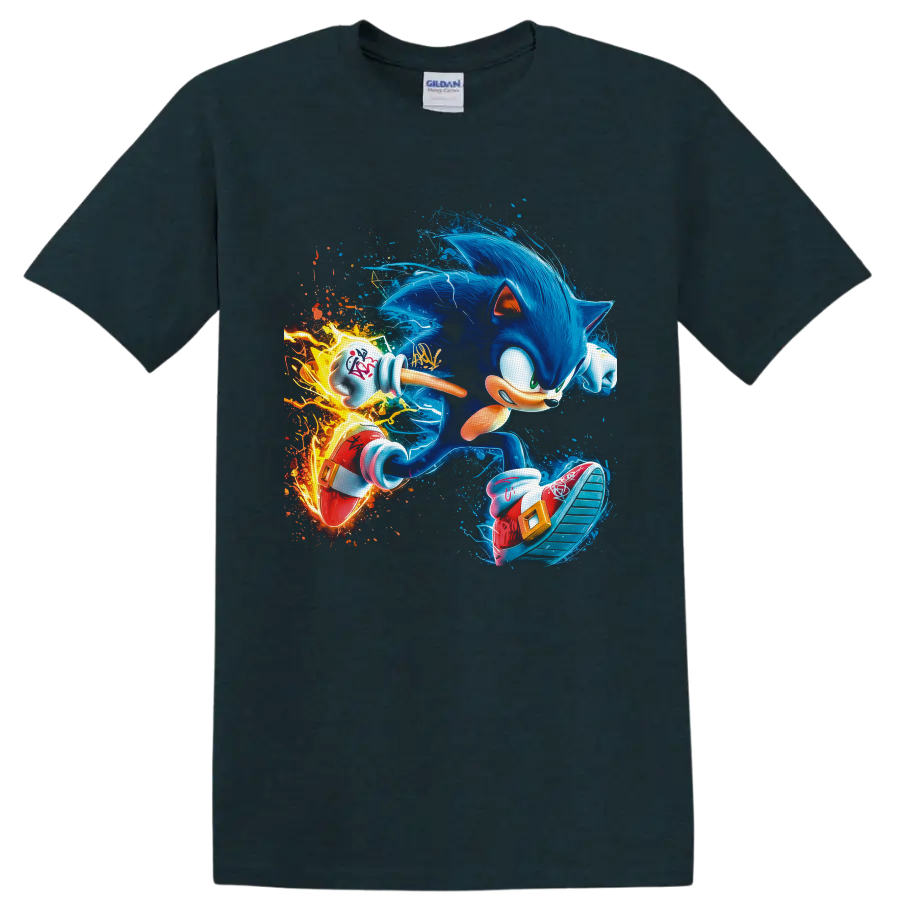 Sonic the Hedgehog sprinting through electric blue trails and fiery digital art on a Midnight (Green) T Shirt