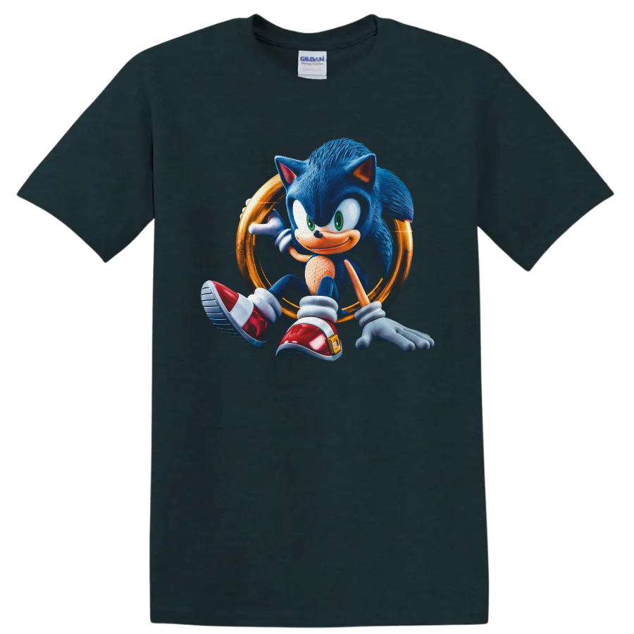 Sonic the Hedgehog seated in a glowing golden ring, detailed retro game character art on a Midnight (Green) T Shirt