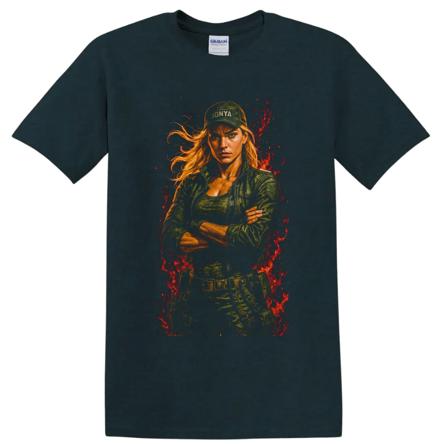 Sonya Blade tactical fighter portrait with flames from Mortal Kombat on a Midnight (Green) T Shirt