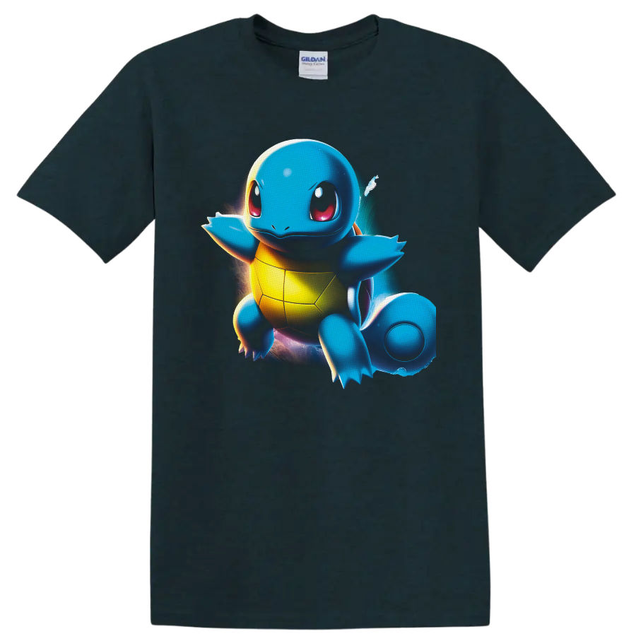 Squirtle Pokémon with glowing cosmic backdrop and vivid digital-art highlights on a Midnight (Green) T Shirt