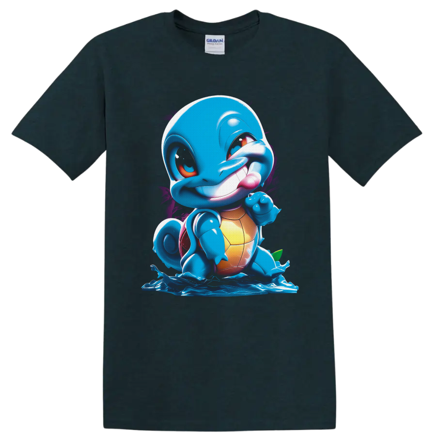 Squirtle in glossy cartoon water splash art with purple paint accents on a Midnight (Green) T Shirt