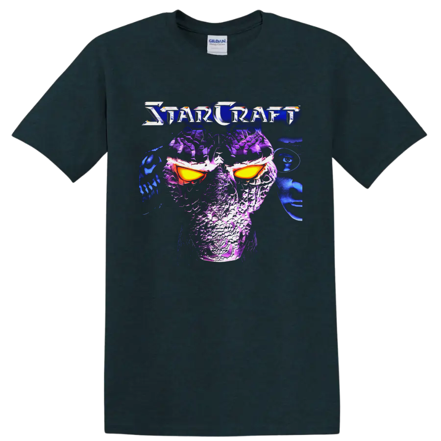 StarCraft Protoss warrior in neon purple armor with glowing orange eyes on a Midnight (Green) T Shirt