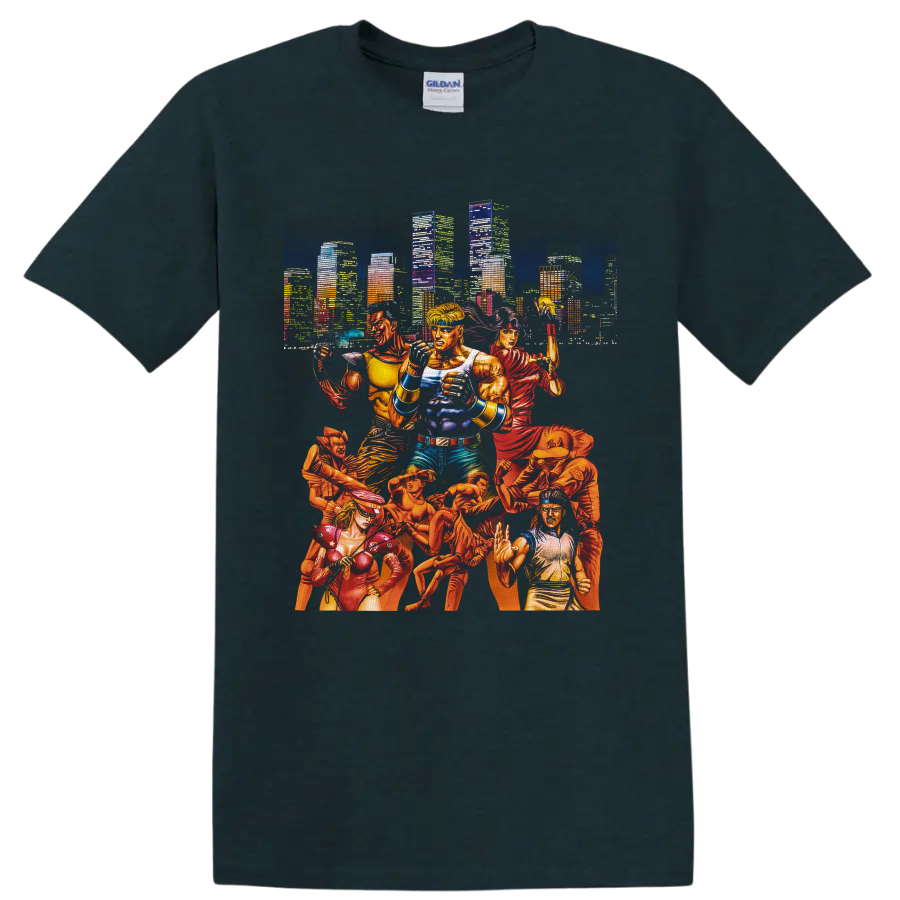 Streets of Rage fighters in comic-style action before a neon city skyline on a Midnight (Green) T Shirt