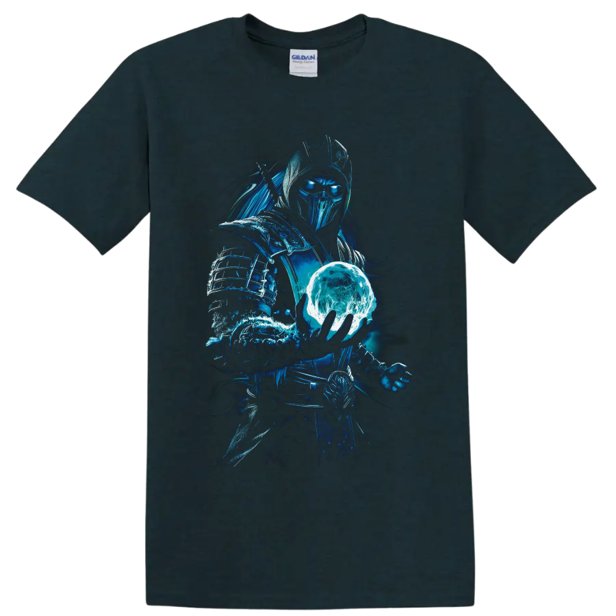 Sub-Zero ice warrior holding a glowing frozen orb in electric blue fantasy art on a Midnight (Green) T Shirt