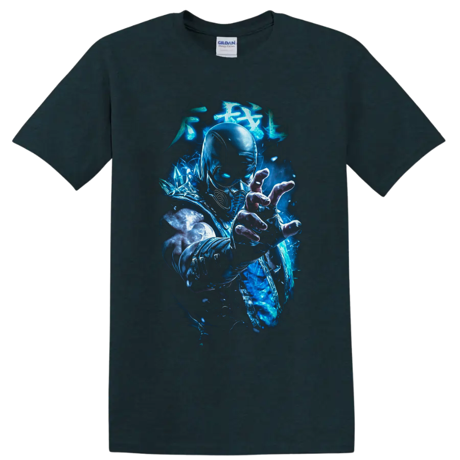 Sub-Zero ice ninja with glowing blue energy, crystalline shards, and combat armor on a Midnight (Green) T Shirt