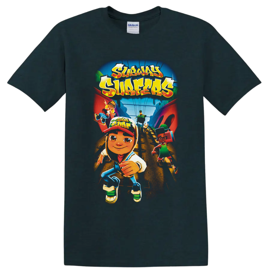 Subway Surfers runners racing along train tracks in colorful cartoon game art on a Midnight (Green) T Shirt