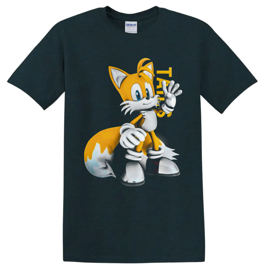 Tails from Sonic the Hedgehog waving in bright retro cartoon art on a Midnight (Green) T Shirt