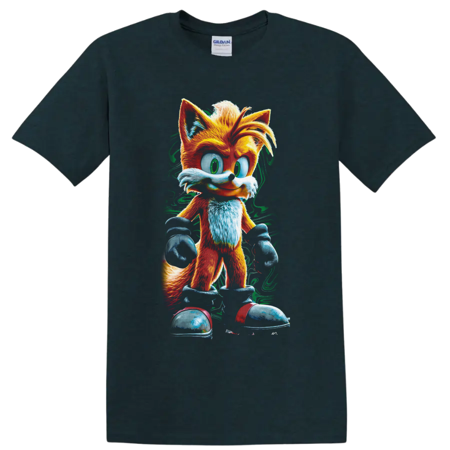 Tails Sonic the Hedgehog two-tailed fox in colorful textured cartoon art on a Midnight (Green) T Shirt