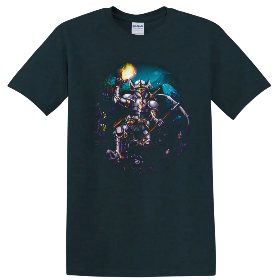 Terraria armored player character with fireball and polearm in a glowing cavern battle on a Midnight (Green) T Shirt