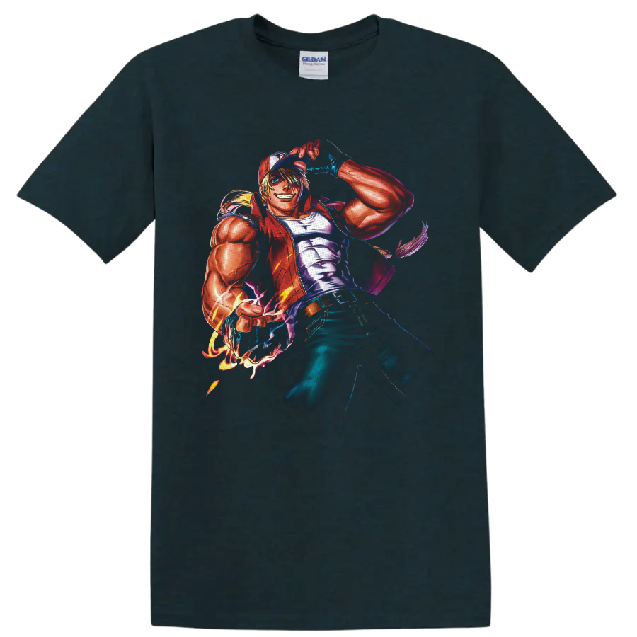 Terry Bogard anime-style fighter artwork tipping red cap with fiery glowing fist on a Midnight (Green) T Shirt