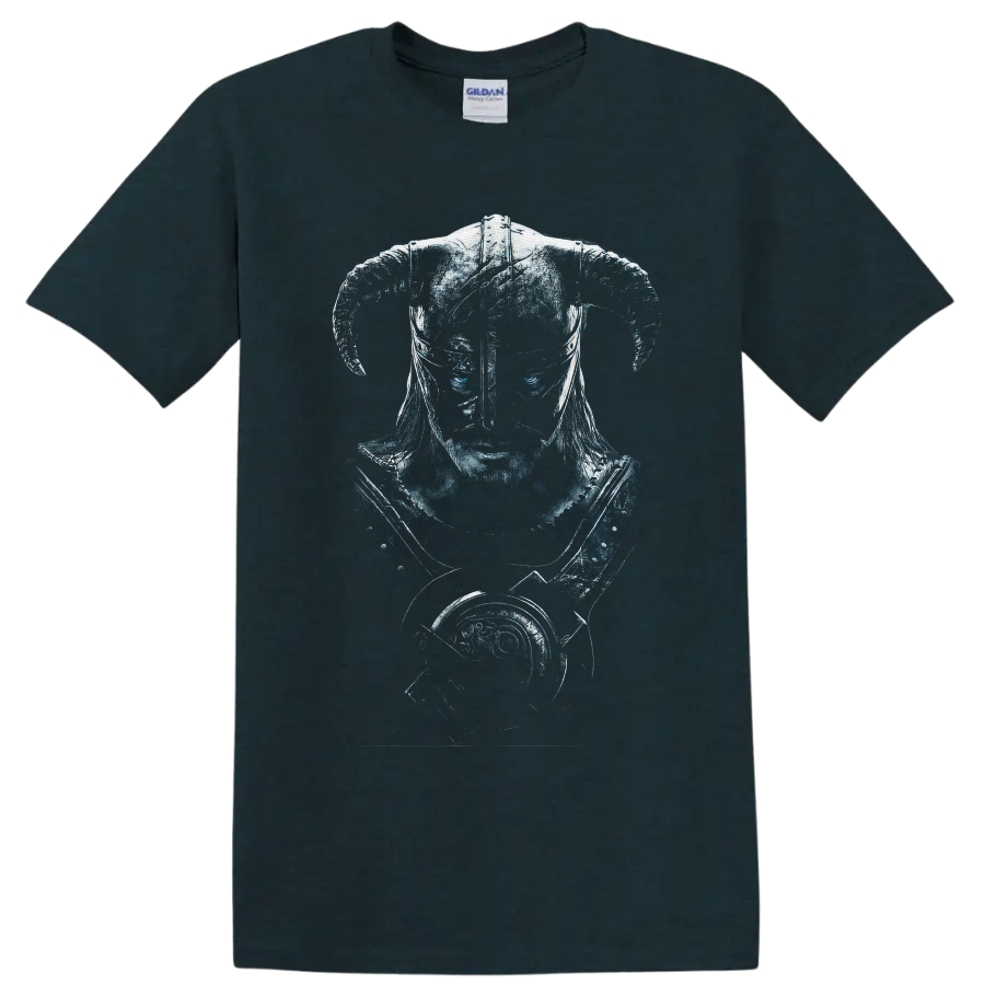 Dragonborn Skyrim warrior portrait with horned Nordic helmet and dragon emblem on a Midnight (Green) T Shirt