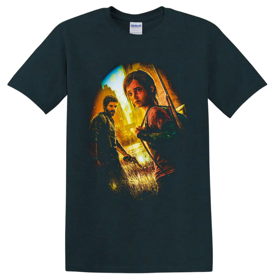Joel and Ellie in distressed cinematic survivor art with bow and overgrown ruins on a Midnight (Green) T Shirt