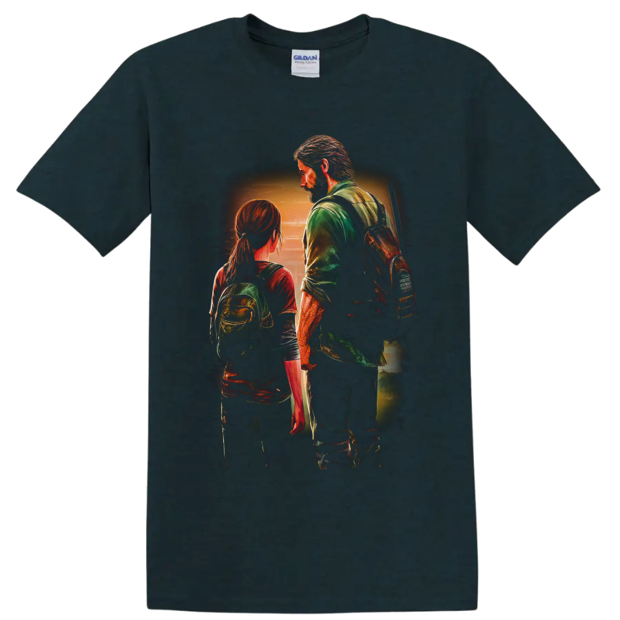 Joel and Ellie sunset survivor scene in textured painterly gaming art on a Midnight (Green) T Shirt