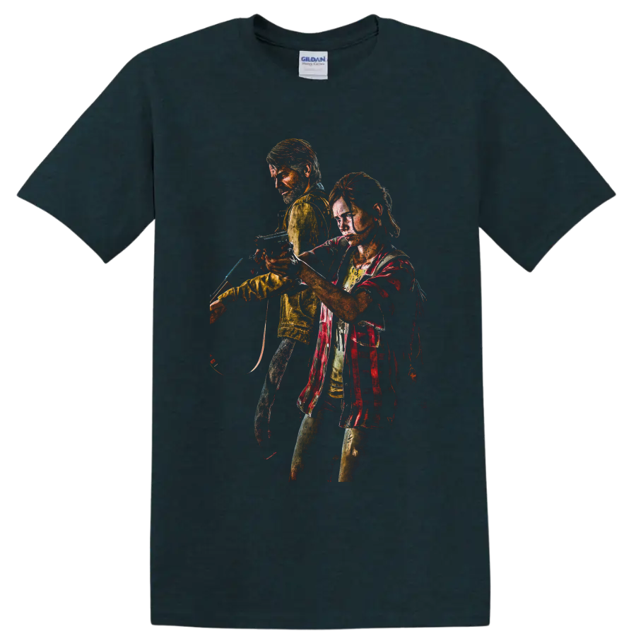 Joel and Ellie distressed survival character artwork from The Last of Us on a Midnight (Green) T Shirt