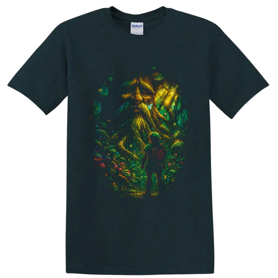 Link facing the Great Deku Tree in a glowing painterly fantasy forest on a Midnight (Green) T Shirt