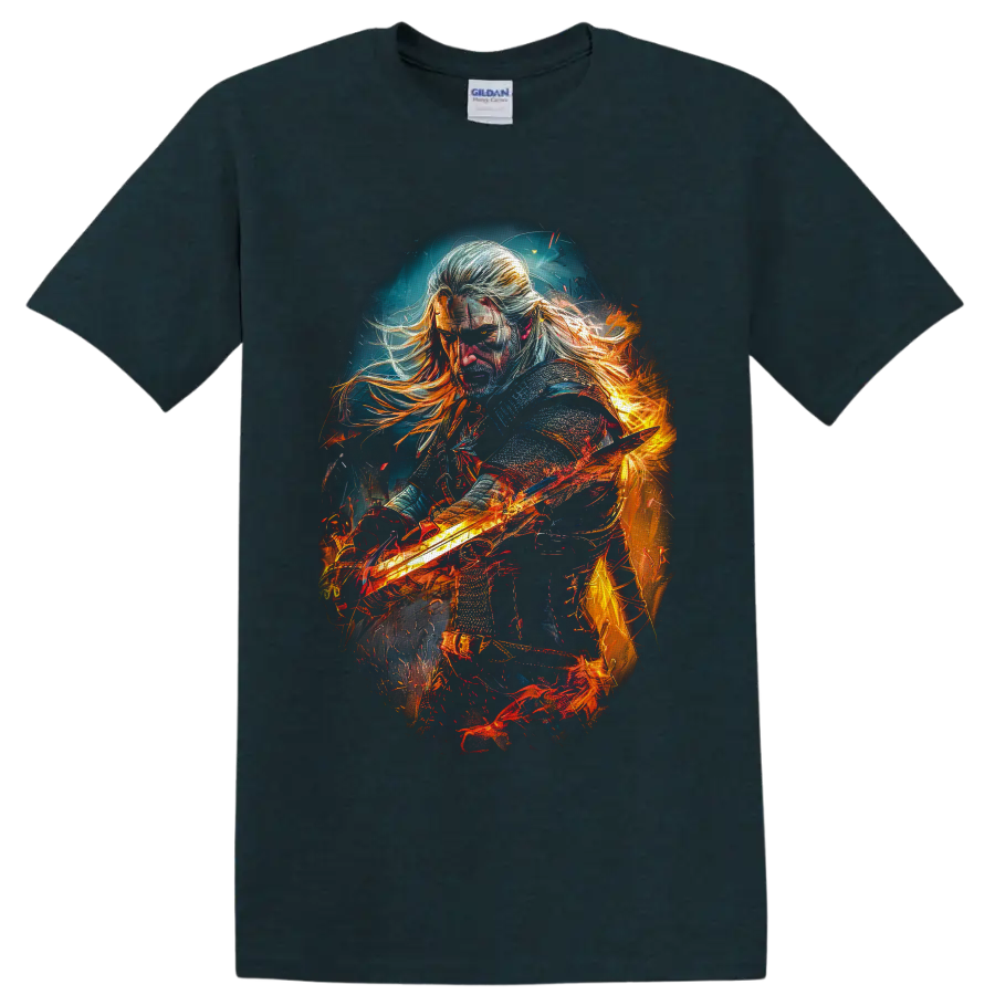 Geralt of Rivia with a fiery sword in dramatic painterly fantasy art on a Midnight (Green) T Shirt