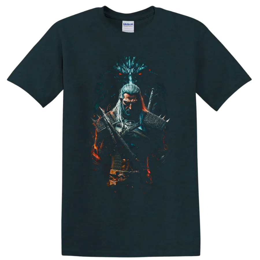 Geralt of Rivia with swords, wolf medallion, spectral wolf, and fiery dark fantasy art on a Midnight (Green) T Shirt