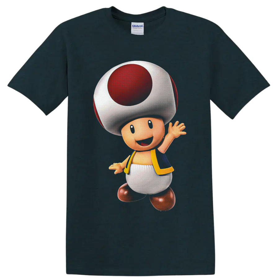 Toad from Super Mario waving in colorful polished character art on a Midnight (Green) T Shirt