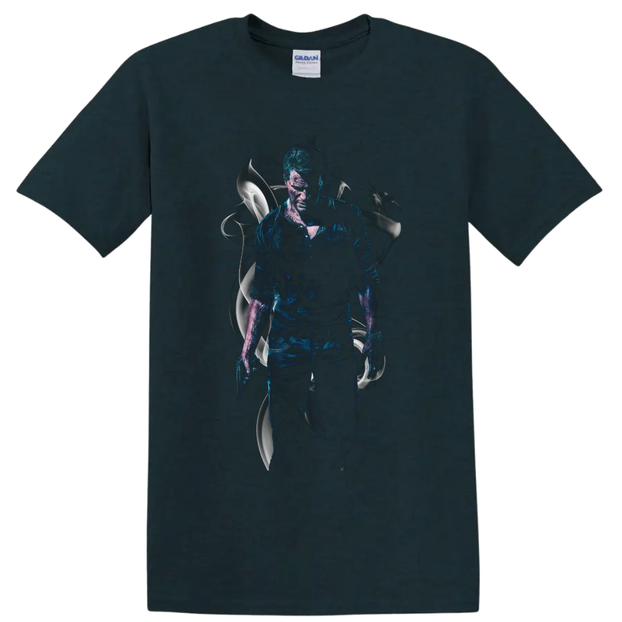 Nathan Drake Uncharted 4 blue textured action portrait with silver abstract accents on a Midnight (Green) T Shirt