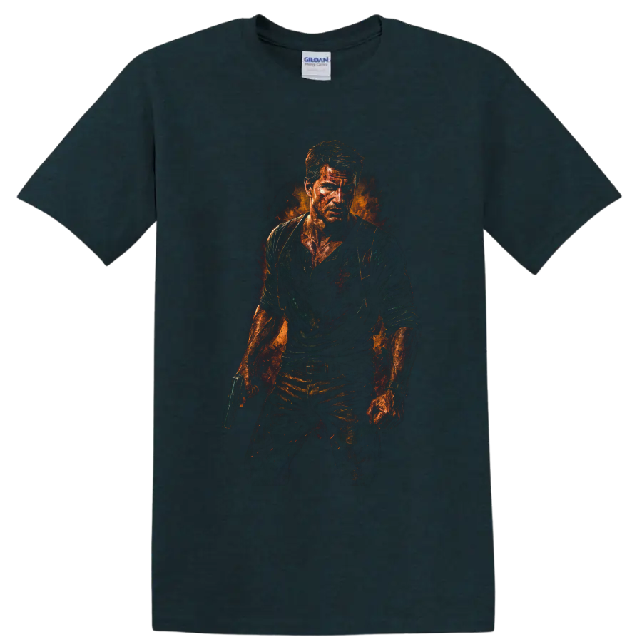 Nathan Drake Uncharted fiery painterly action portrait holding a pistol on a Midnight (Green) T Shirt