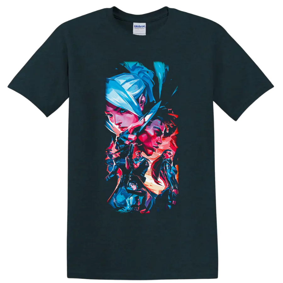 Valorant Agents in a neon blue, pink, and red angular gaming character collage on a Midnight (Green) T Shirt
