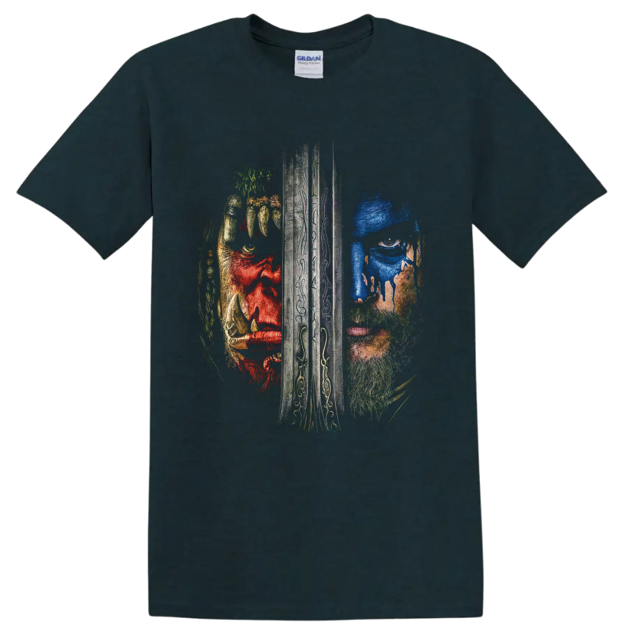 Warcraft Alliance and Horde split warrior portrait divided by an engraved sword on a Midnight (Green) T Shirt
