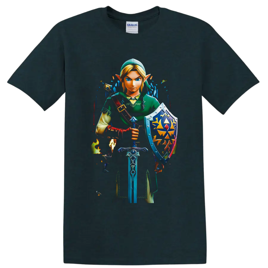 Link with sword and ornate shield in vivid fantasy game art on a Midnight (Green) T Shirt