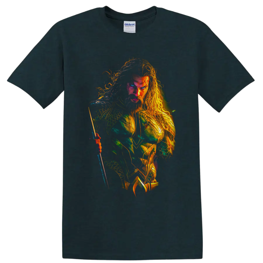 Aquaman trident warrior in luminous teal and gold comic-inspired armor art on a Midnight (Green) T Shirt