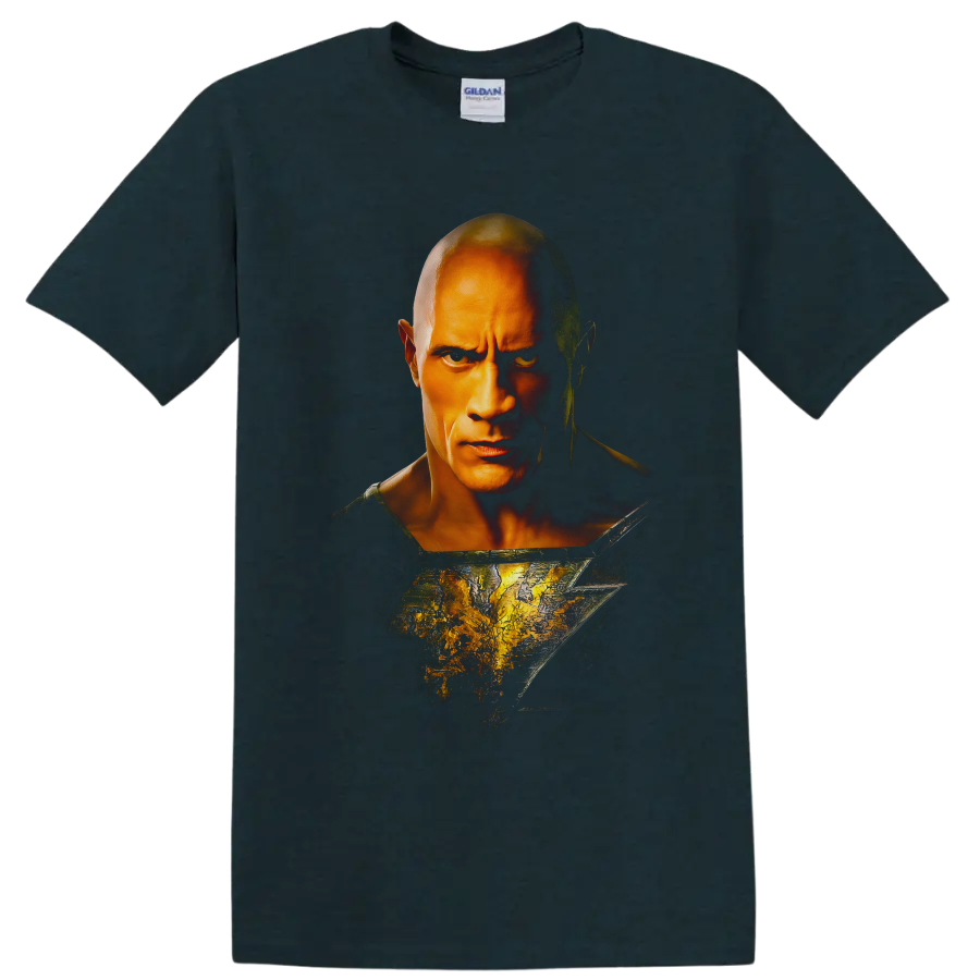 Black Adam portrait with cracked golden lightning motif and dramatic comic-style shadows on a Midnight (Green) T Shirt