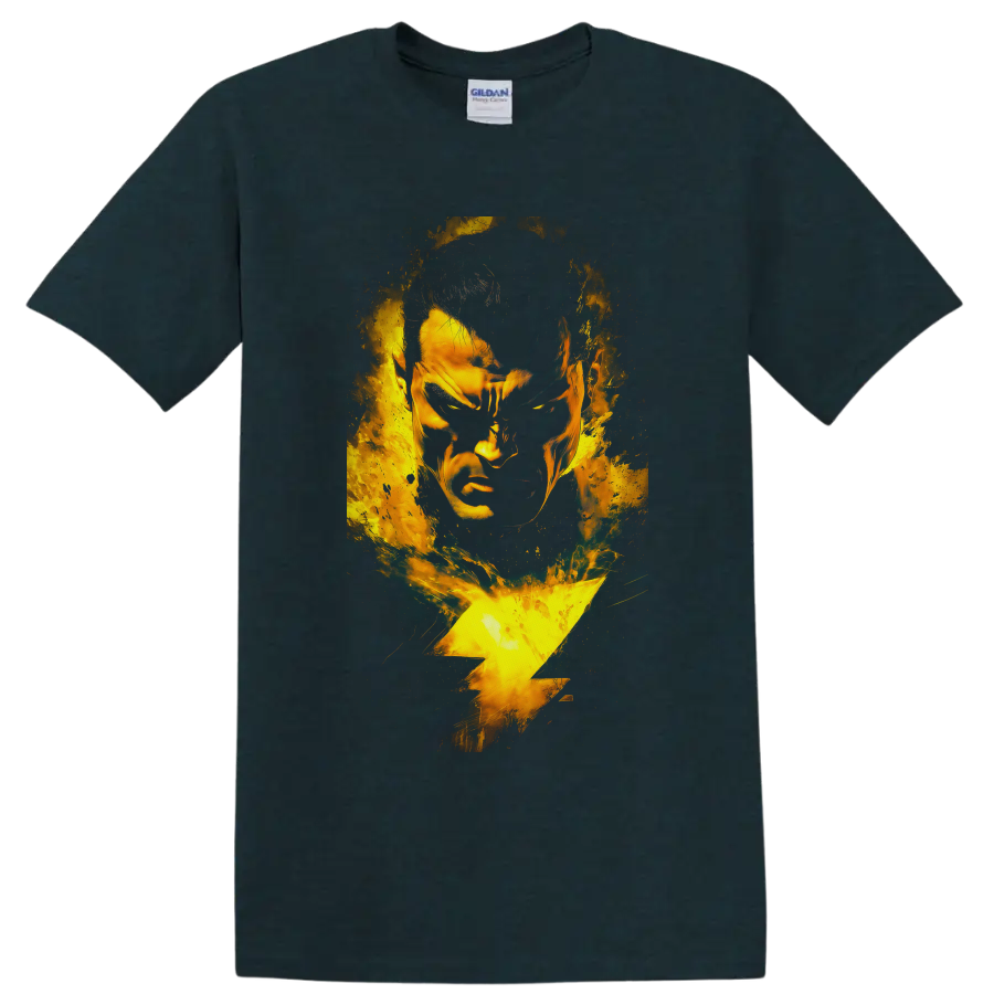 Shazam superhero portrait with golden lightning bolt and distressed comic-style energy on a Midnight (Green) T Shirt