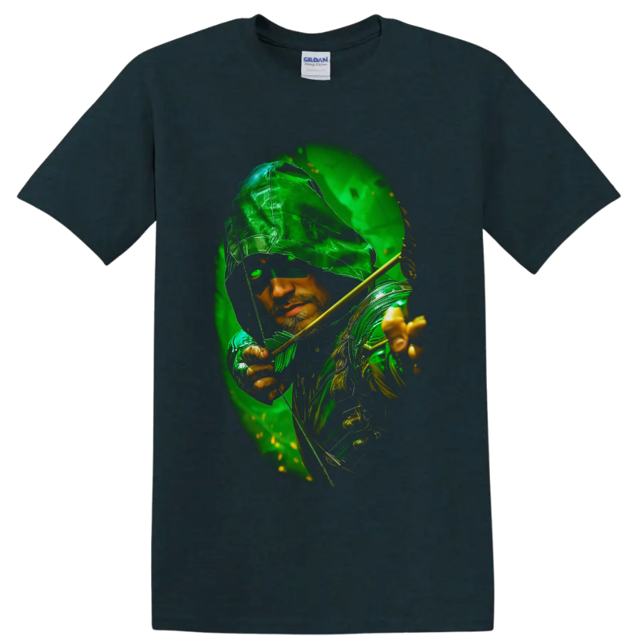 Green Arrow hooded archer portrait with golden bow and emerald comic-style glow on a Midnight (Green) T Shirt
