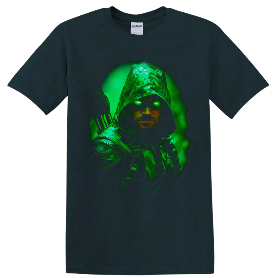Green Arrow hooded archer portrait with glowing green eyes and neon aura on a Midnight (Green) T Shirt