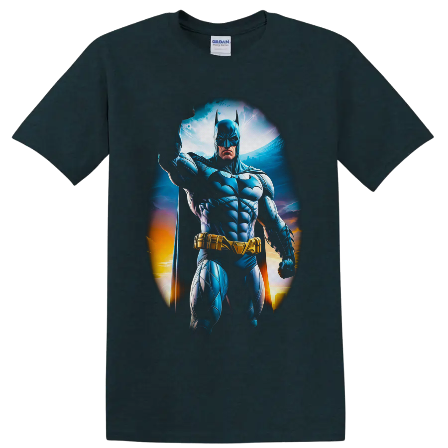 Batman White Lantern comic art with blue armor, gold belt, cape, and glowing skyline on a Midnight (Green) T Shirt