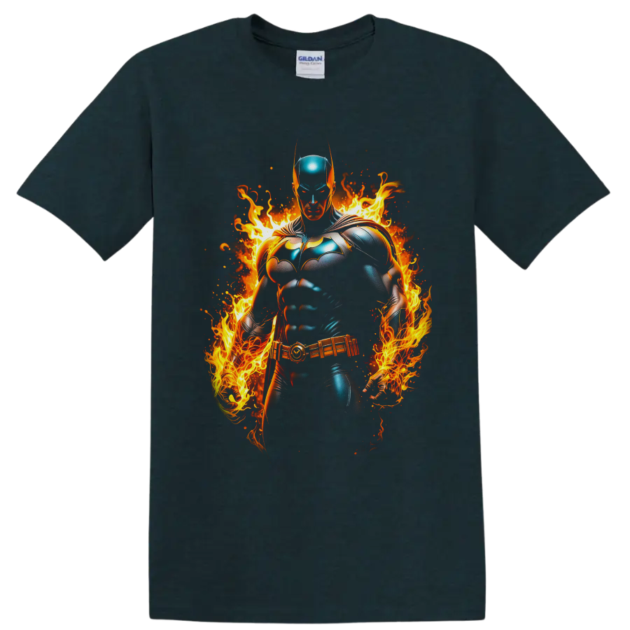Batman White Lantern Brightest Day comic hero surrounded by vivid flames and embers on a Midnight (Green) T Shirt