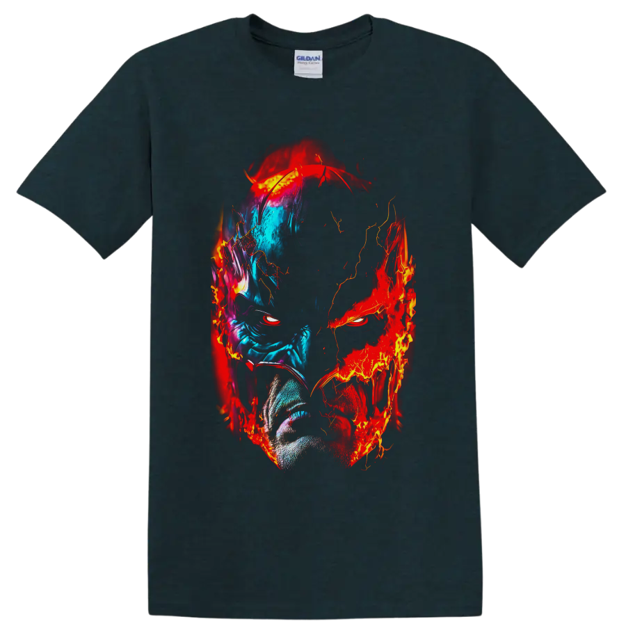 Batman split-face portrait in blue ice tones and red flame comic art on a Midnight (Green) T Shirt
