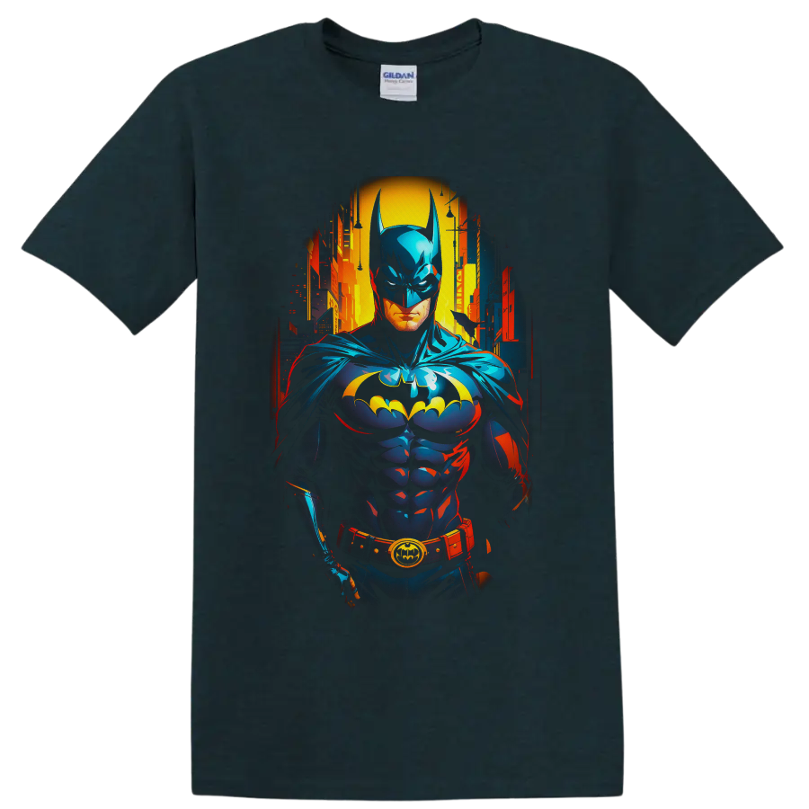 Batman in neon comic-book style before a glowing Gotham City skyline on a Midnight (Green) T Shirt