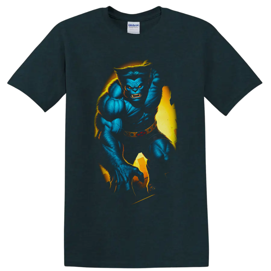 Beast Hank McCoy blue mutant superhero comic art with torn yellow costume on a Midnight (Green) T Shirt