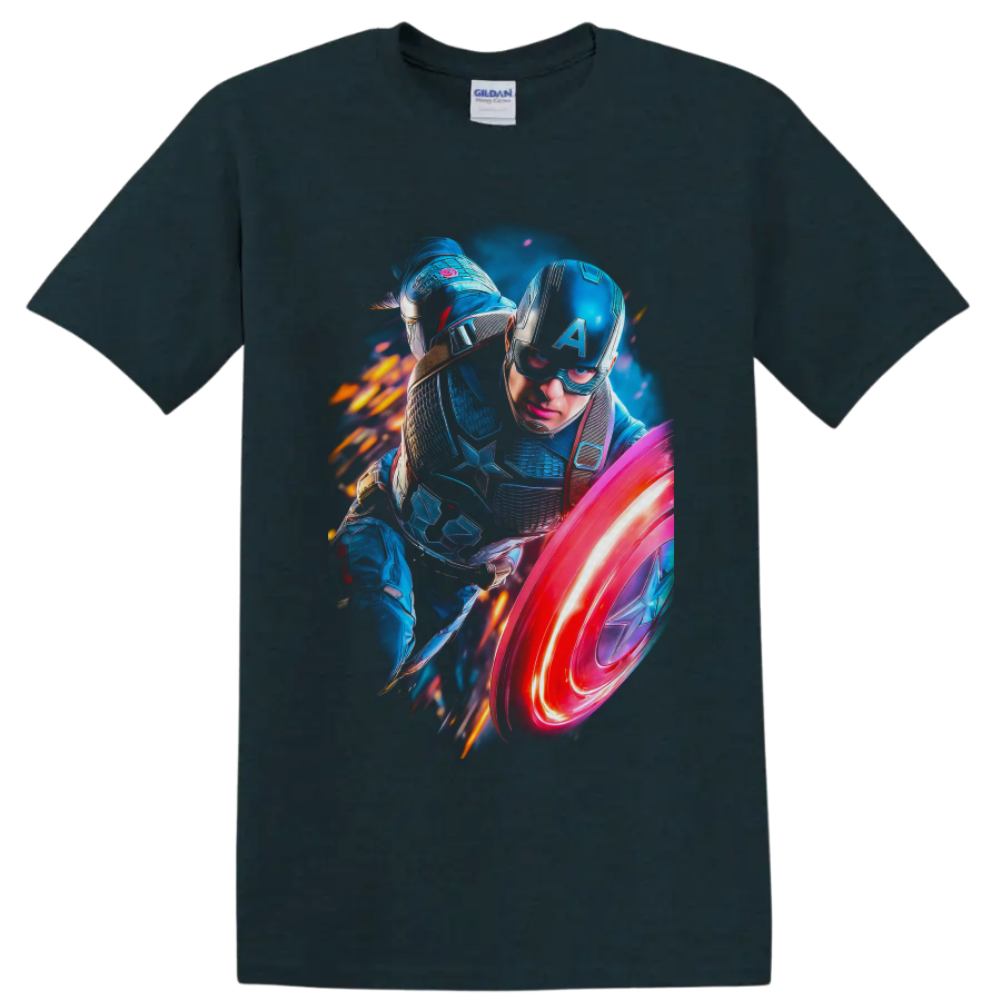 Sam Wilson Captain America in luminous armor with star shield and fiery action effects on a Midnight (Green) T Shirt