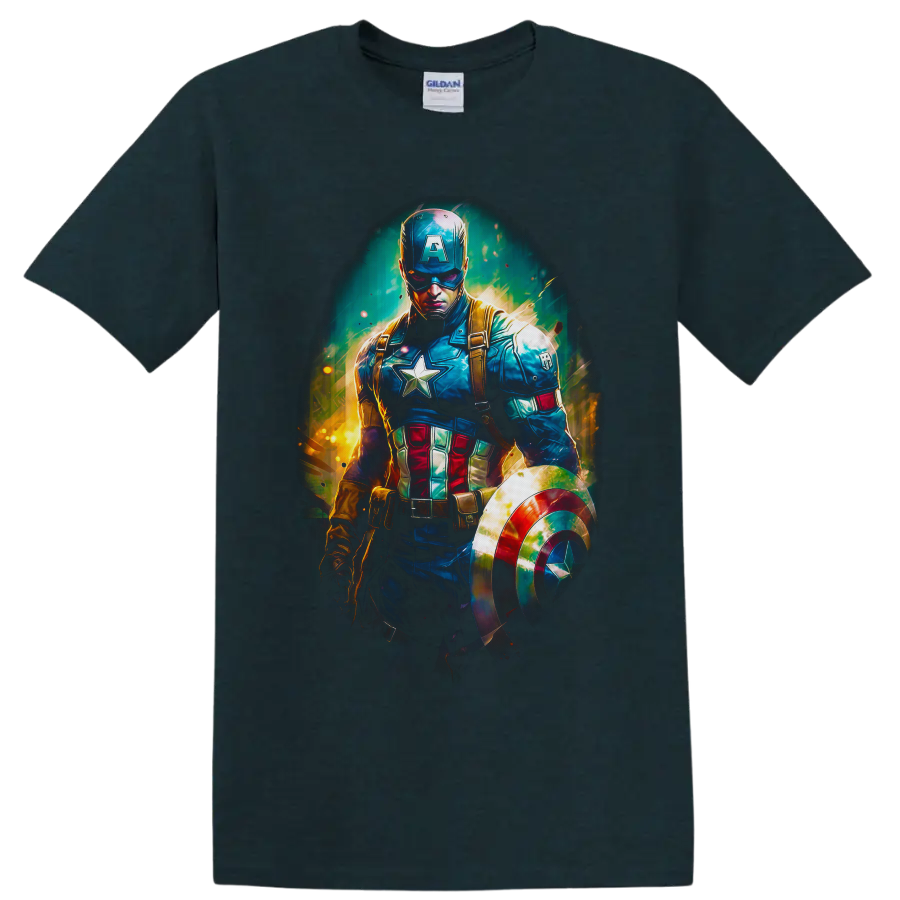 Captain America Steve Rogers with shield in vivid comic-inspired action art on a Midnight (Green) T Shirt