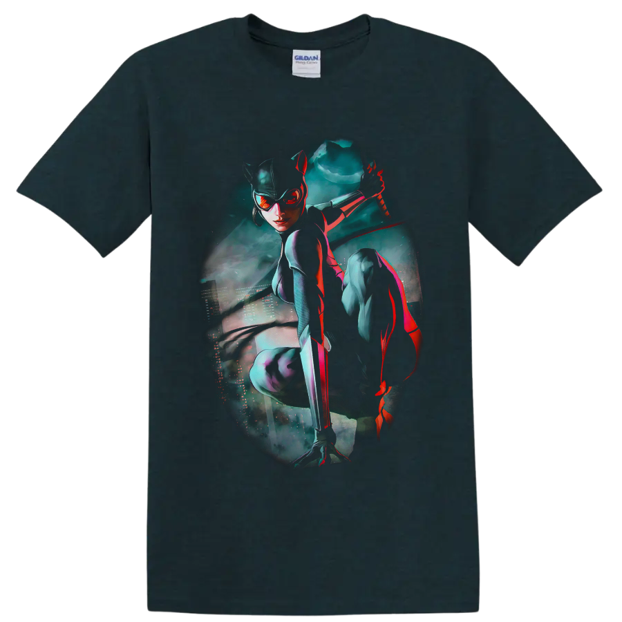 Catwoman cyberpunk art with whip, teal neon city mist, and red highlights on a Midnight (Green) T Shirt