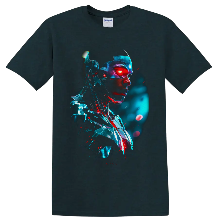 Cyborg Victor Stone cybernetic portrait with glowing red eye and teal futuristic armor on a Midnight (Green) T Shirt