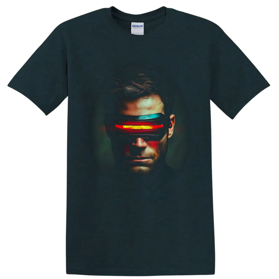 Cyclops Scott Summers portrait with glowing red visor beam in cinematic comic art on a Midnight (Green) T Shirt