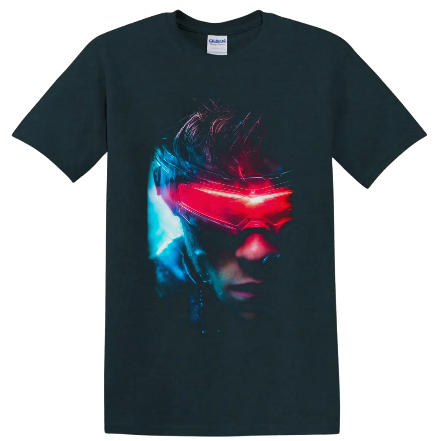 Cyclops Scott Summers neon portrait with glowing red visor and blue sci-fi light on a Midnight (Green) T Shirt